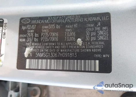 2007 Hyundai Santa Fe Gls из США, поврежденный, VIN 5NMSG13D67H091813